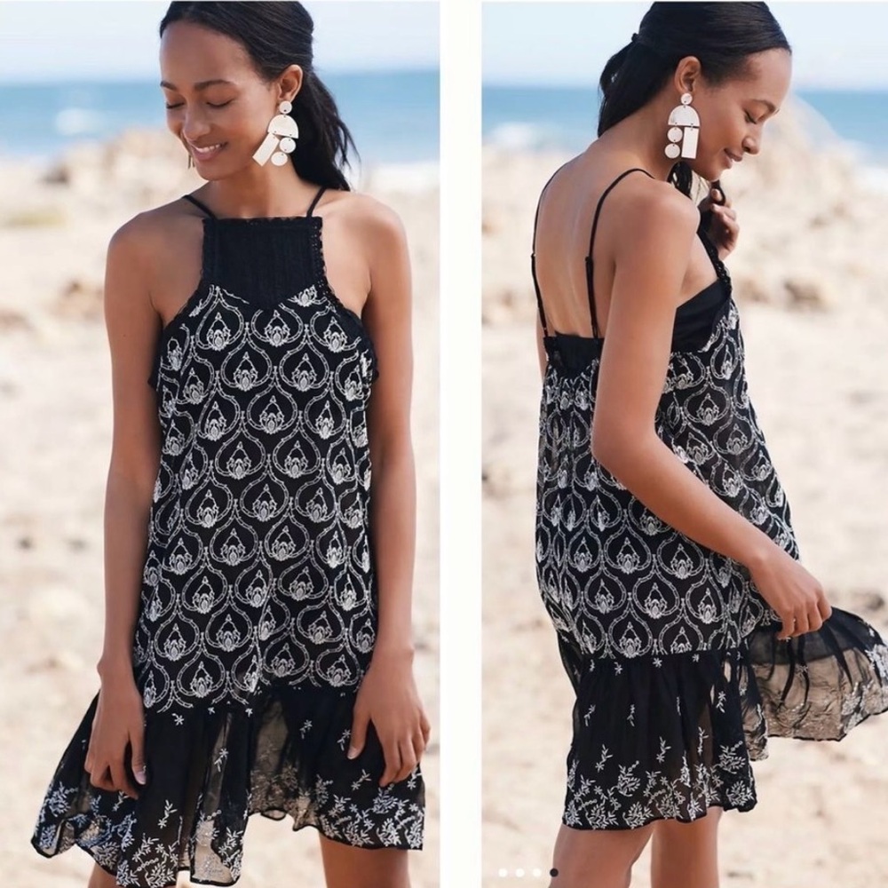 By Anthropologie Sheer Embroidered Mini Dress Black White Size Medium